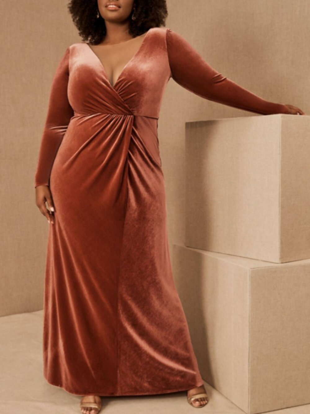 Jenny Yoo Ryland V-Neck Long Sleeve Open-Back Stretch Velvet Gown Dress